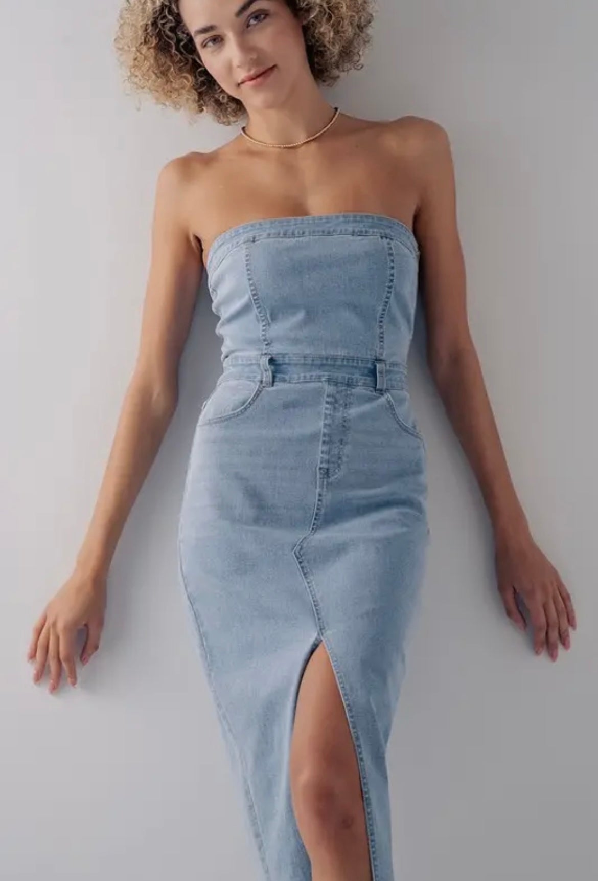 Denim Strapless Midi-Dress