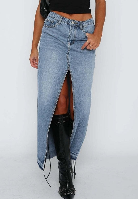 Front-Slit Denim Skirt